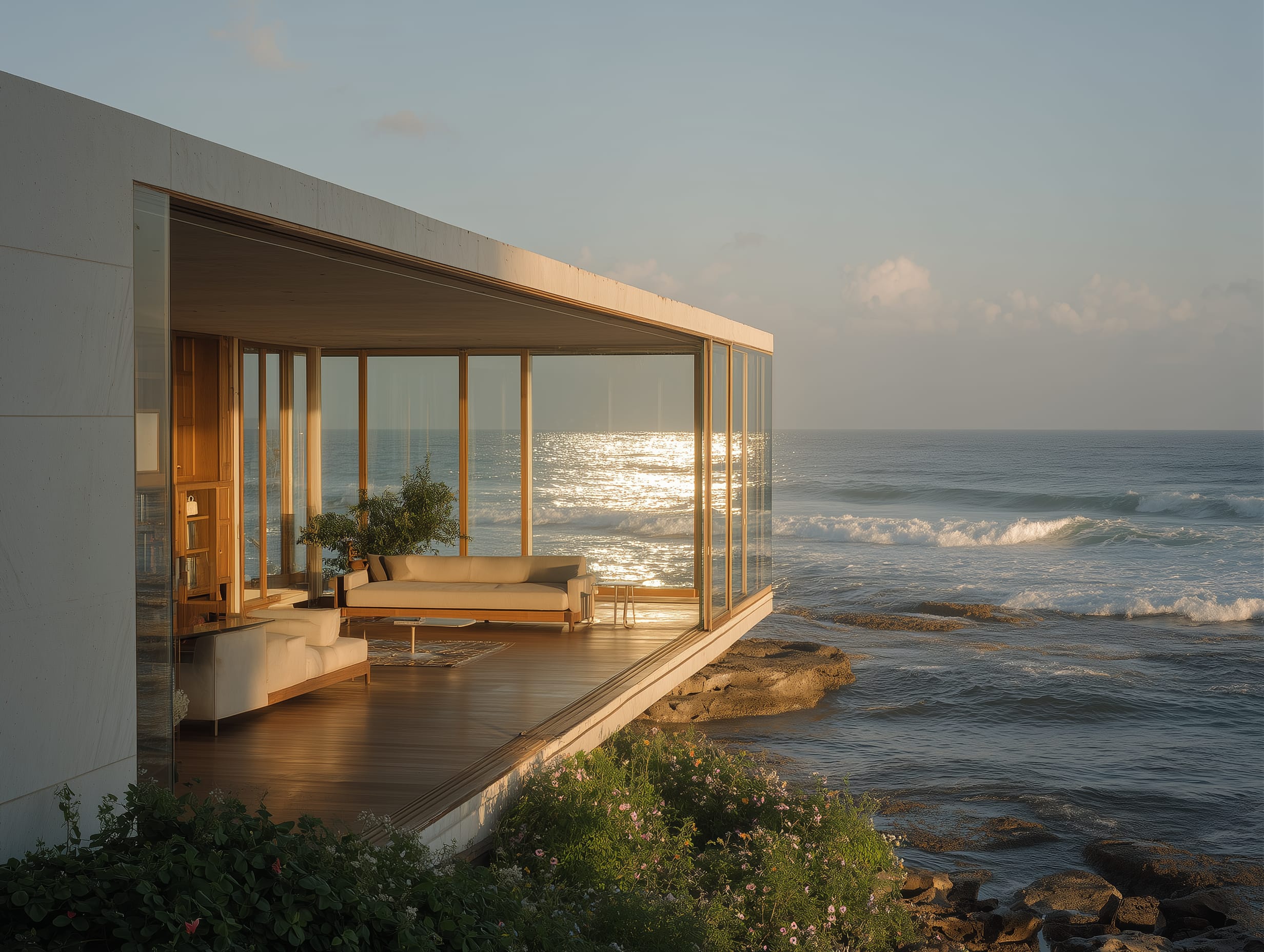 Modern beachfront house at sunset